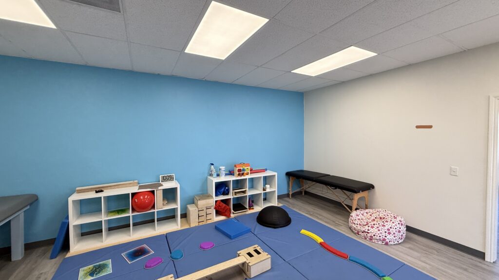 Movement room with blue floor mats, wooden DMI boxes and beams, balance equipment and shelves at Sensory Bridge Pediatric Therapy.